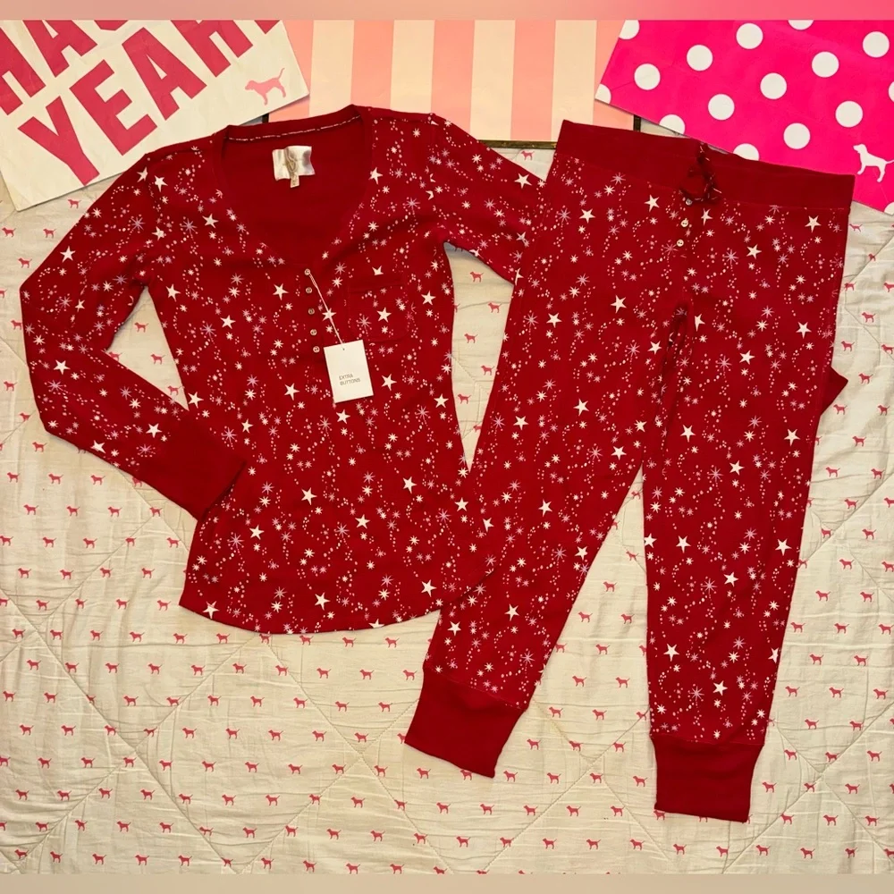 VICTORIA’S SECRET VINTAGE Y2K THERMAL PJ PAJAMA SET HENLEY RED STARS RARE NWT M - Picture 1 of 11